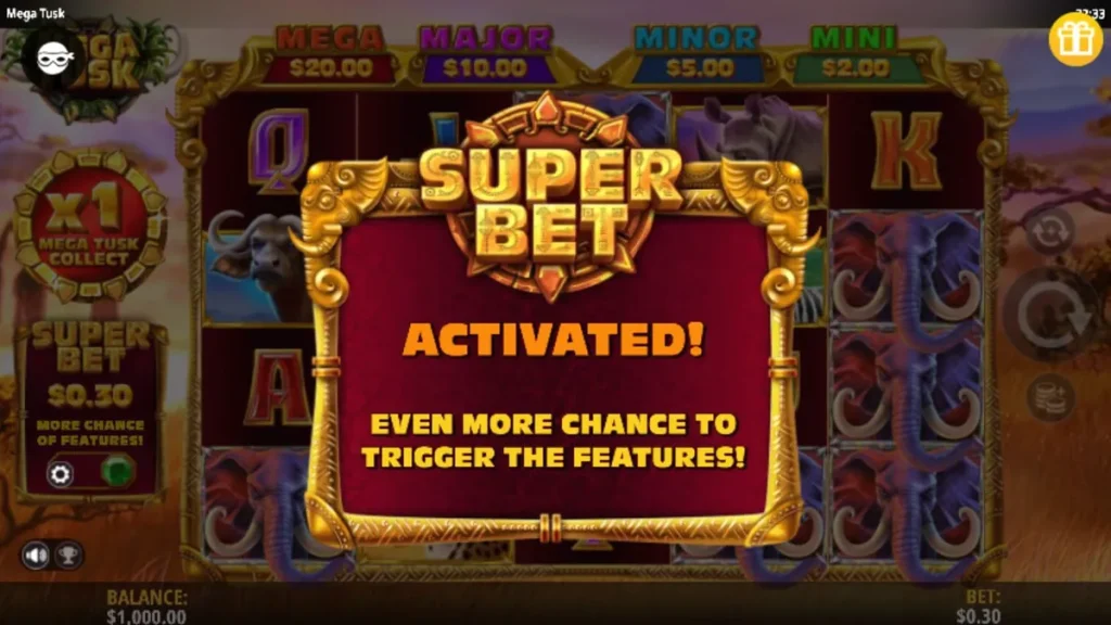 Pemandangan savana Afrika yang megah dengan simbol hewan liar di slot Mega Tusks