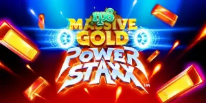 Tampilan antarmuka seluler slot Massive Gold Power Staxx dengan latar belakang galaksi neon